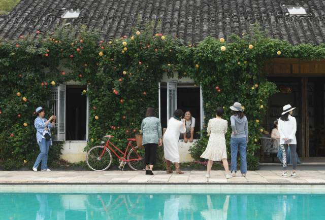 在浙江省湖州市埭溪镇莫家栅村的玫瑰庄园,参观者在玫瑰盛开的花墙前留影(2023年4月20日摄)。新华社记者 翁忻旸 摄